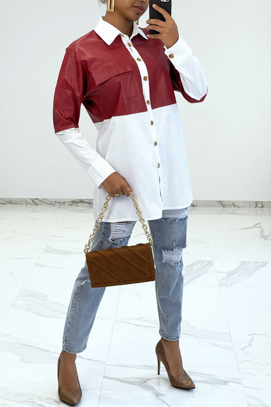 Oversized white bi-material shirt with burgundy leather insert - 4