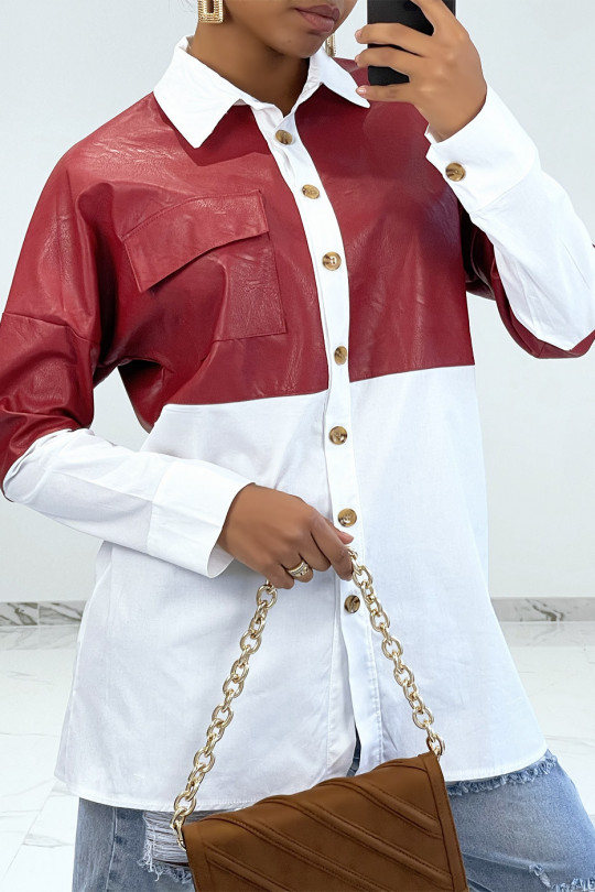Oversized white bi-material shirt with burgundy leather insert - 5