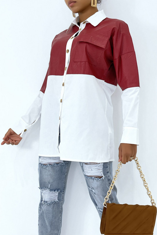 Oversized white bi-material shirt with burgundy leather insert - 6