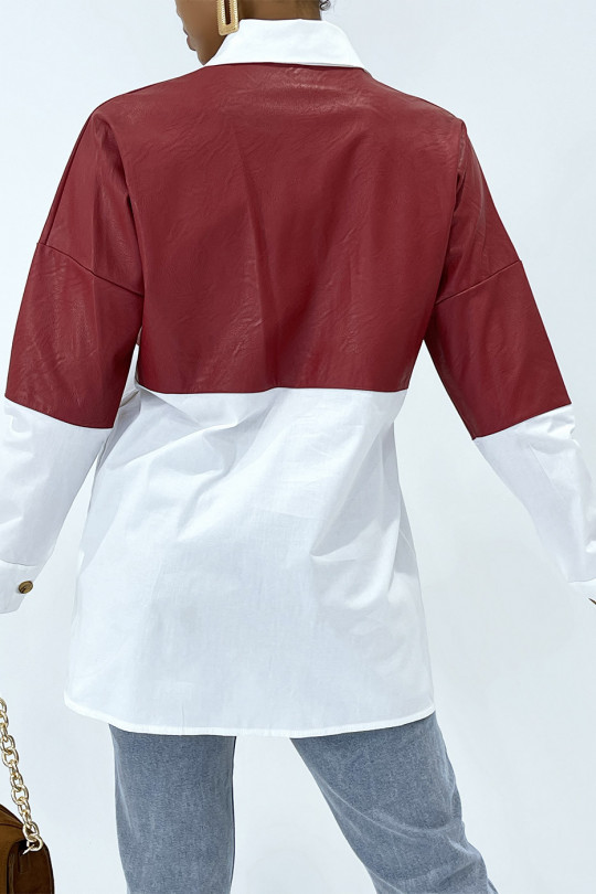 Oversized white bi-material shirt with burgundy leather insert - 7