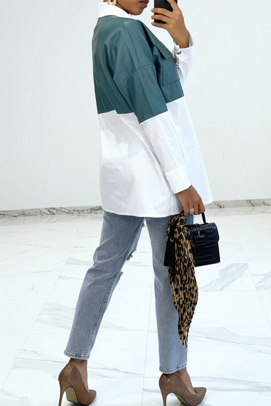 Oversized white bi-material shirt with teal blue leather insert - 3