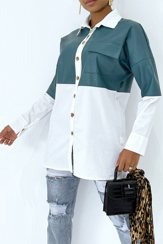 Oversized white bi-material shirt with teal blue leather insert - 4