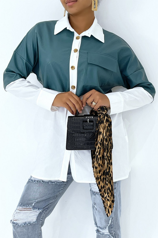 Oversized white bi-material shirt with teal blue leather insert - 5