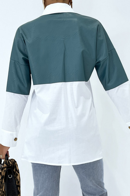 Oversized wit overhemd van twee materialen met groenblauw leren inzetstuk - 6