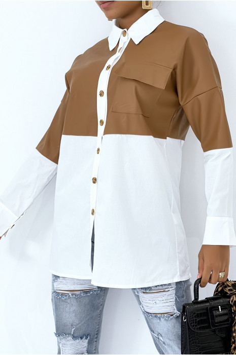 Chemise oversize bi-matière blanche à empiècement en cuir camel - 1
