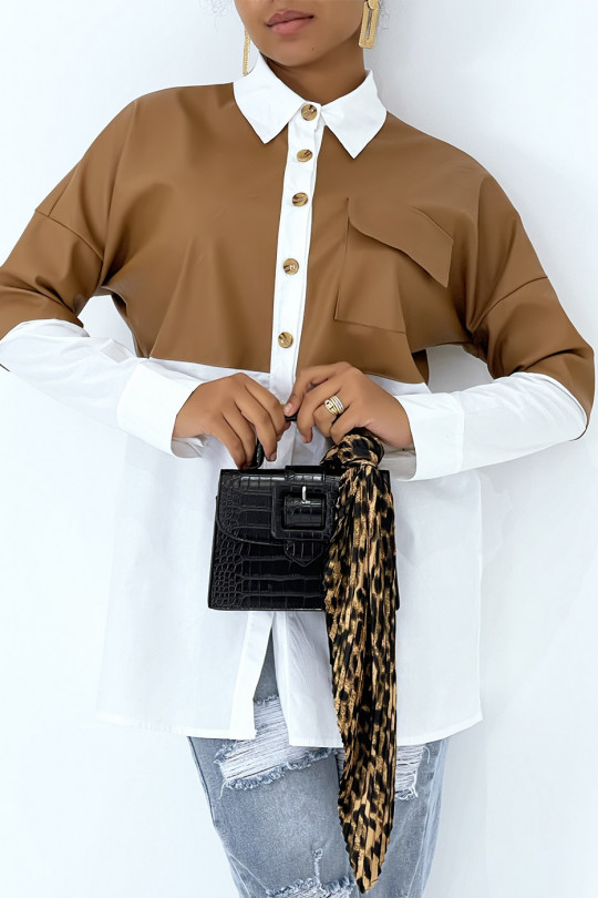 Oversized wit overhemd van twee materialen met inzet van camelleer - 2
