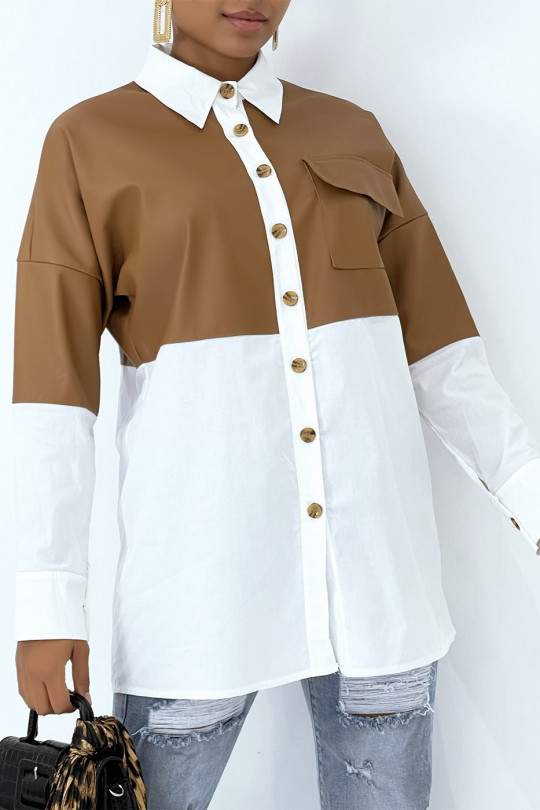 Oversized wit overhemd van twee materialen met inzet van camelleer - 3