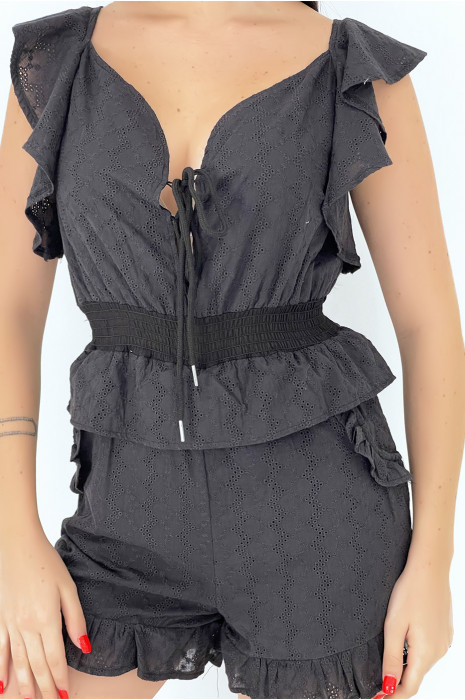Zwarte playsuit met ruches en opengewerkte details in bohemian-stijl - 4