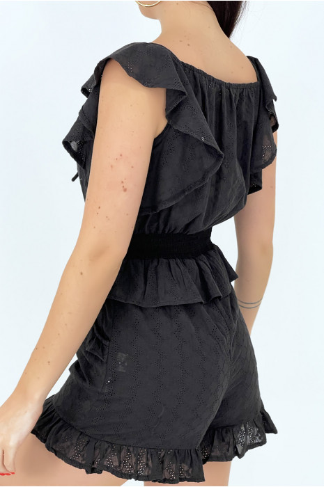 Black playsuit with ruffles and bohemian-style openwork details - 5