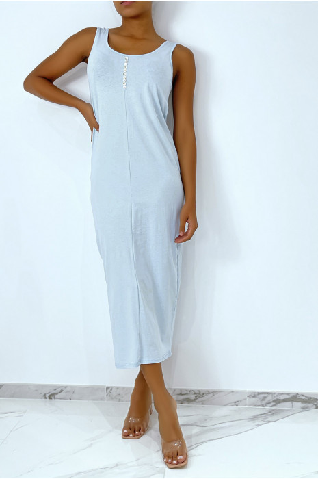 Long flowing turquoise dress with button on the front and slit on the back - 1