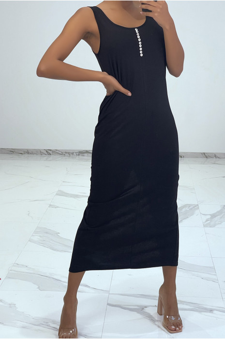 Long black fluid dress with button on the front and slit on the back - 1