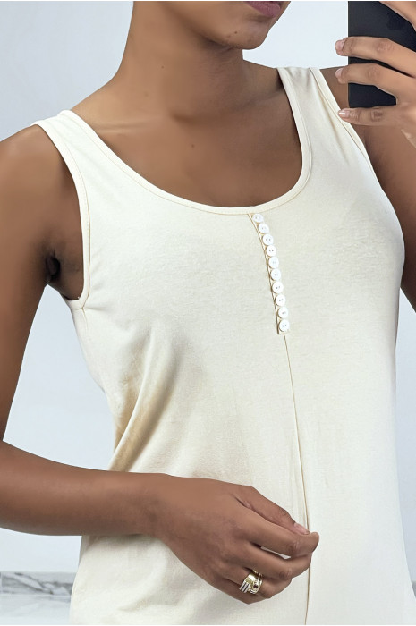 Lange soepelvallende beige jurk met knoop aan de voorkant en split aan de achterkant - 4