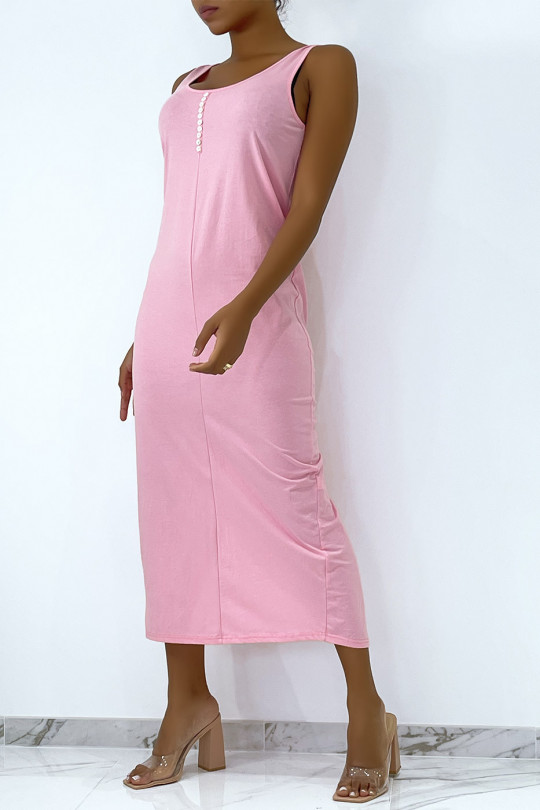 Long flowing pink dress with button on the front and slit on the back - 2