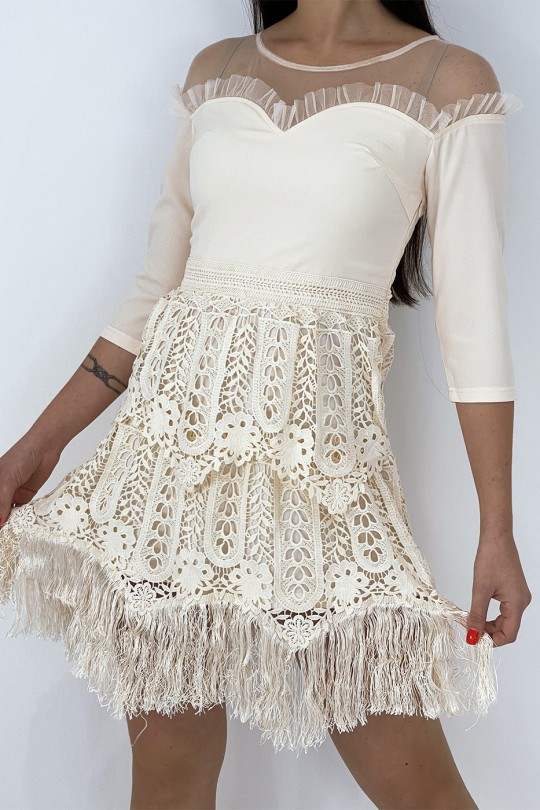 Pale pink chic dress with 3/4 sleeves and fringed openwork lining - 1