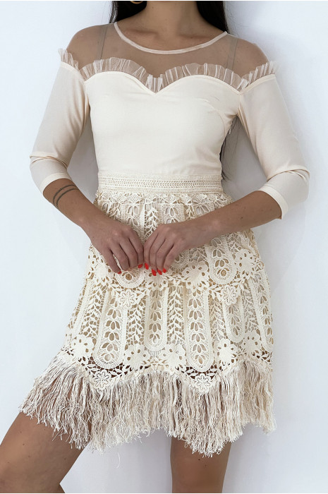 Robe chic rose pâle à manches 3/4 et doublure ajourée à franges