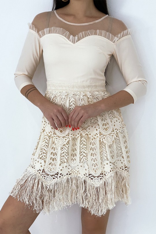 Pale pink chic dress with 3/4 sleeves and fringed openwork lining - 2