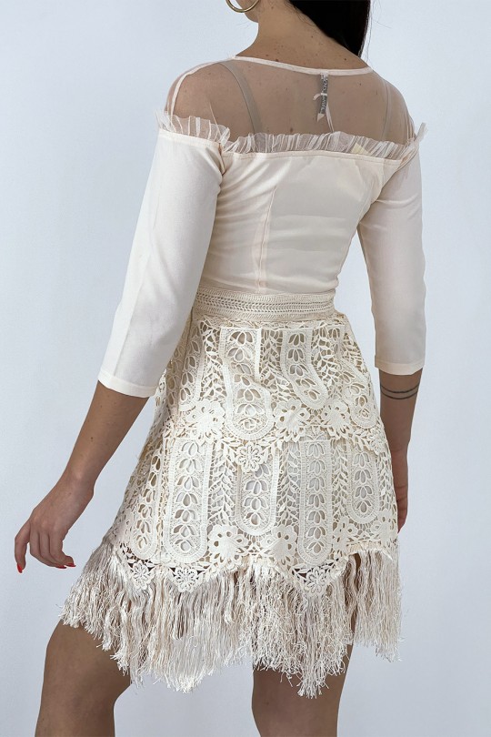 Pale pink chic dress with 3/4 sleeves and fringed openwork lining - 3