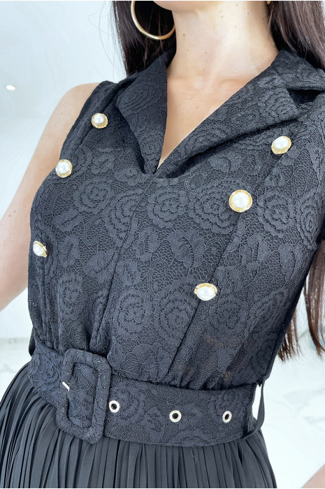 Robe noire plissée en dentelle avec boutons dorés - 3