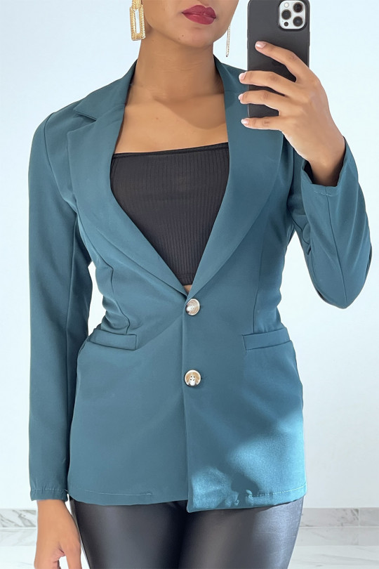 Teal blue blazer with satin ribbon tie detail - 4