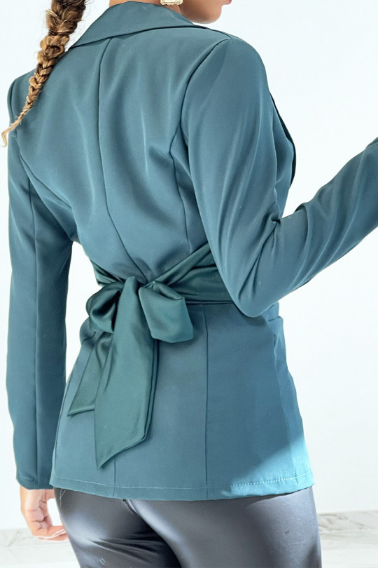 Teal blue blazer with satin ribbon tie detail - 5