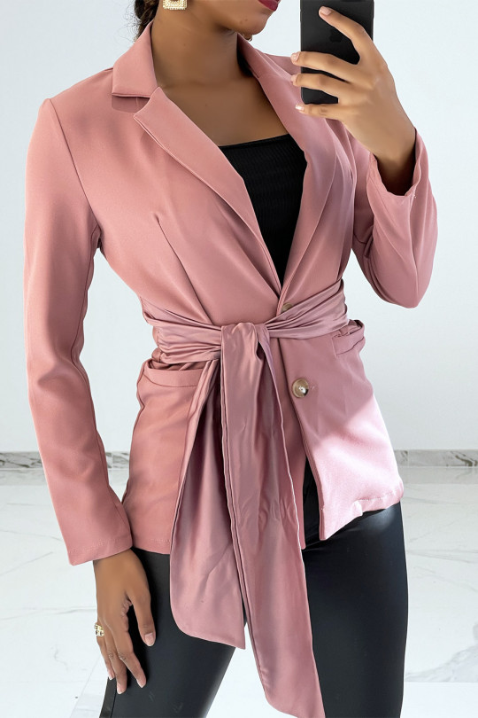 Pink blazer with satin ribbon tie detail - 1