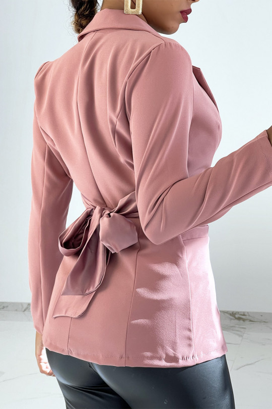 Pink blazer with satin ribbon tie detail - 2