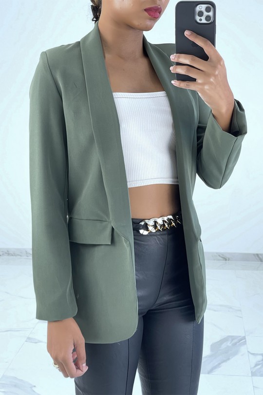 Khaki open blazer with stand collar and shoulder pads - 1