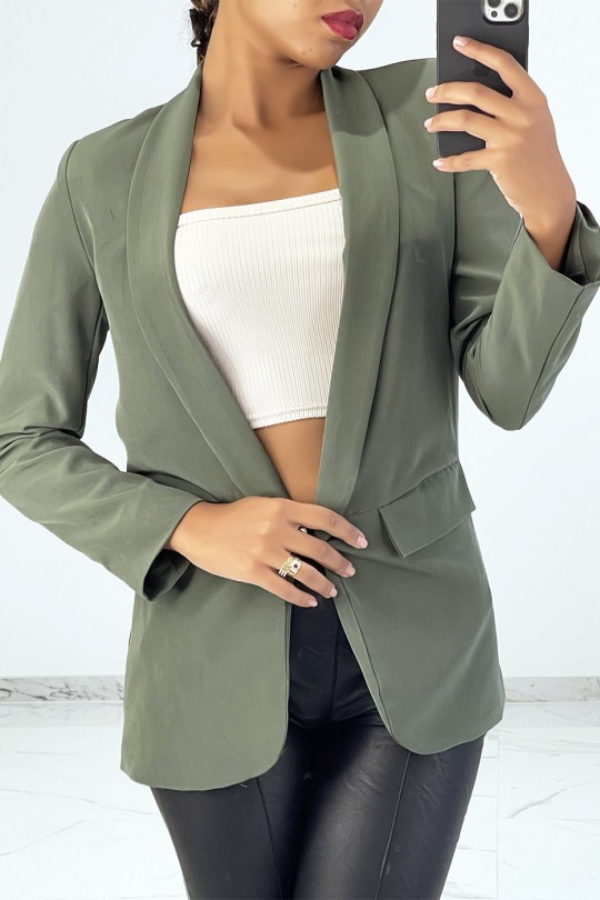 Khaki open blazer with stand collar and shoulder pads - 2
