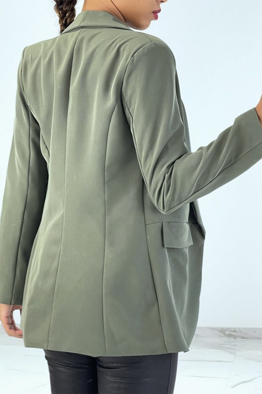 Khaki open blazer with stand collar and shoulder pads - 3