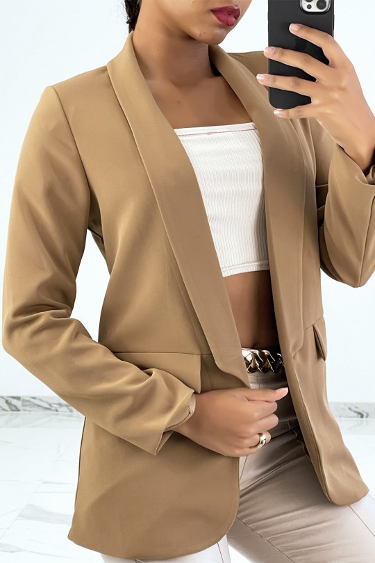 Camel open blazer with stand collar and shoulder pads - 3