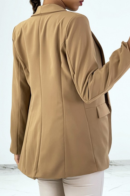 Camel open blazer with stand collar and shoulder pads - 4