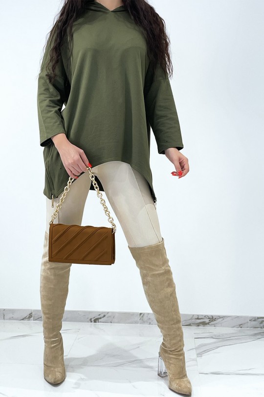 Khaki hooded sweatshirt asymmetric and loose style with side closure - 1