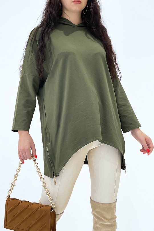 Kaki sweatshirt met capuchon, asymmetrische en losse stijl met zijsluiting - 2