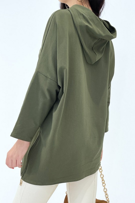 Khaki hooded sweatshirt asymmetric and loose style with side closure - 4