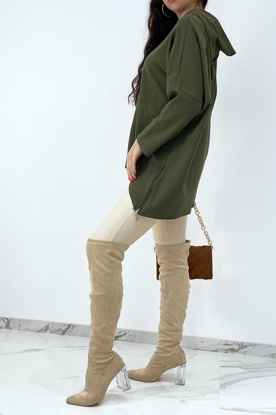 Khaki hooded sweatshirt asymmetric and loose style with side closure - 5