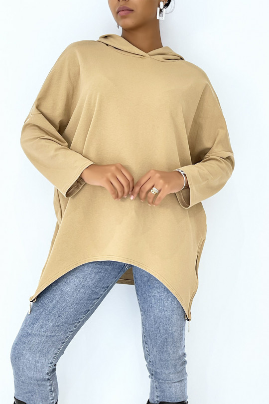 Camel asymmetric and loose style hooded sweatshirt with side closure - 1