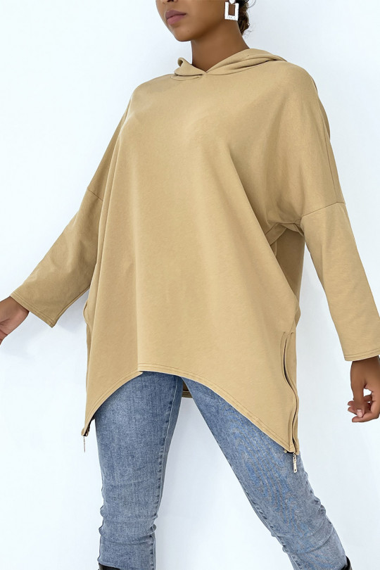 Camel asymmetric and loose style hooded sweatshirt with side closure - 2