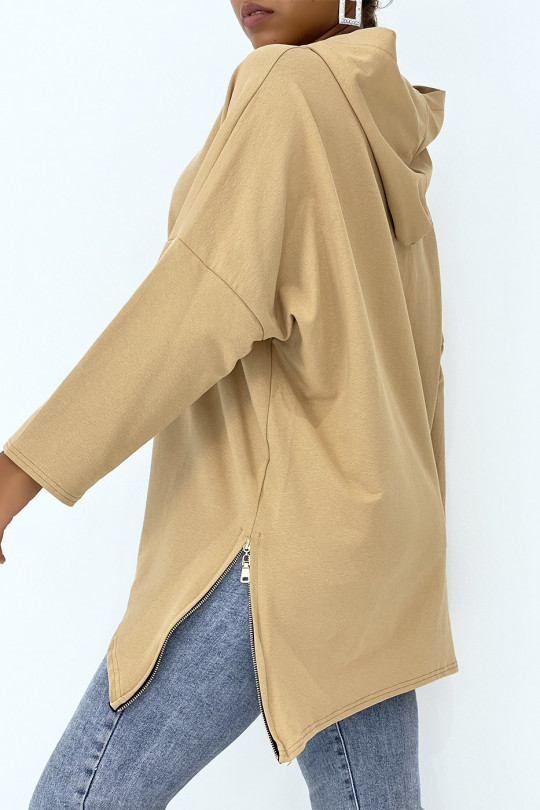 Camel asymmetric and loose style hooded sweatshirt with side closure - 3