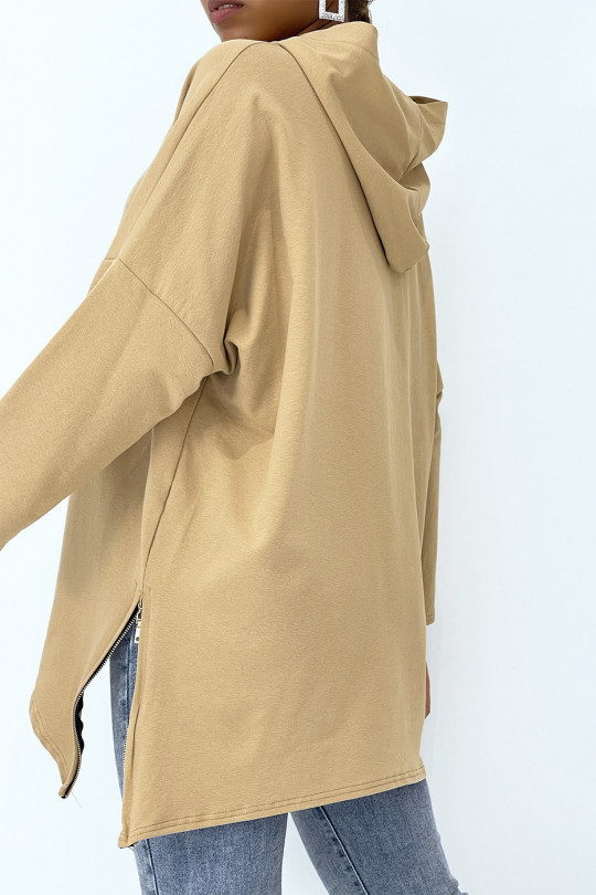 Camel asymmetric and loose style hooded sweatshirt with side closure - 4