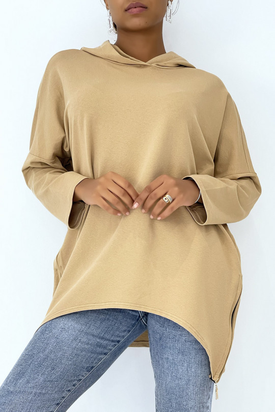 Camel asymmetric and loose style hooded sweatshirt with side closure - 5