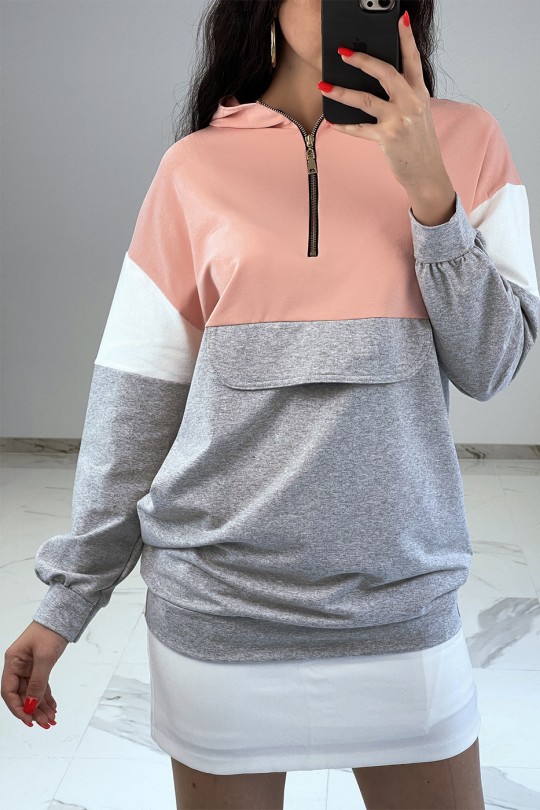 Lang roze driekleurig sweatshirt met capuchon - 1