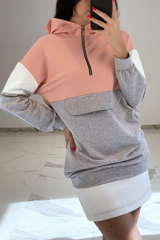Lang roze driekleurig sweatshirt met capuchon - 3