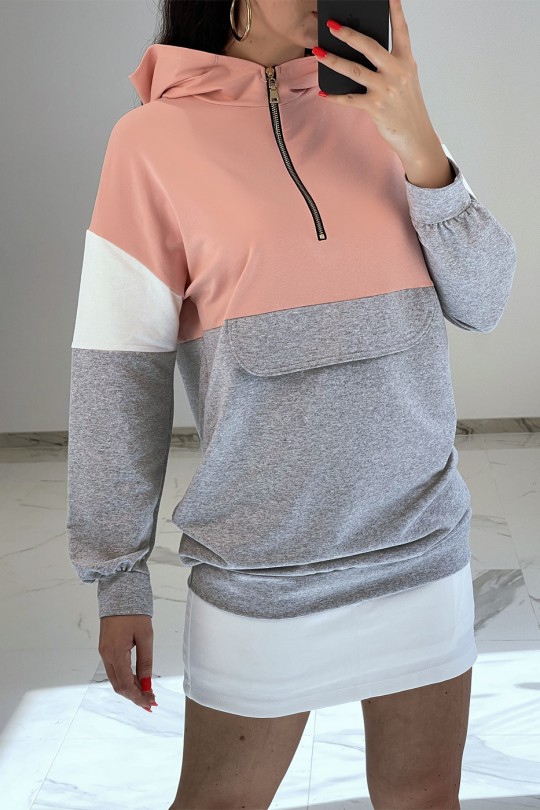 Long pink tricolor hooded sweatshirt - 4