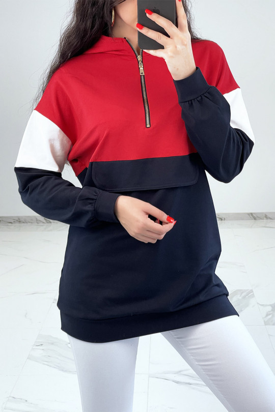 Long red tricolor hooded sweatshirt - 2