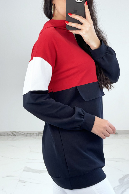 Long red tricolor hooded sweatshirt - 5
