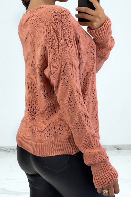 Coral ribbed knit sweater with geometric patterns and oversized sleeves - 4