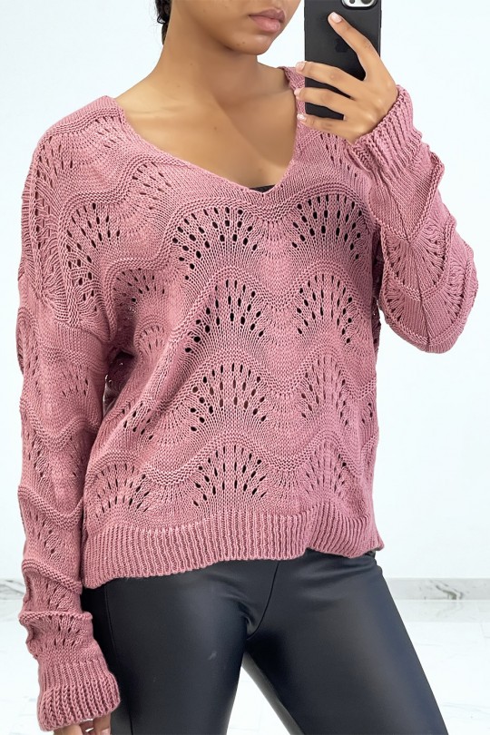 Fuchsia ribbed knit sweater with geometric patterns and oversized sleeves - 2