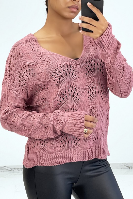 Fuchsia ribbed knit sweater with geometric patterns and oversized sleeves - 1