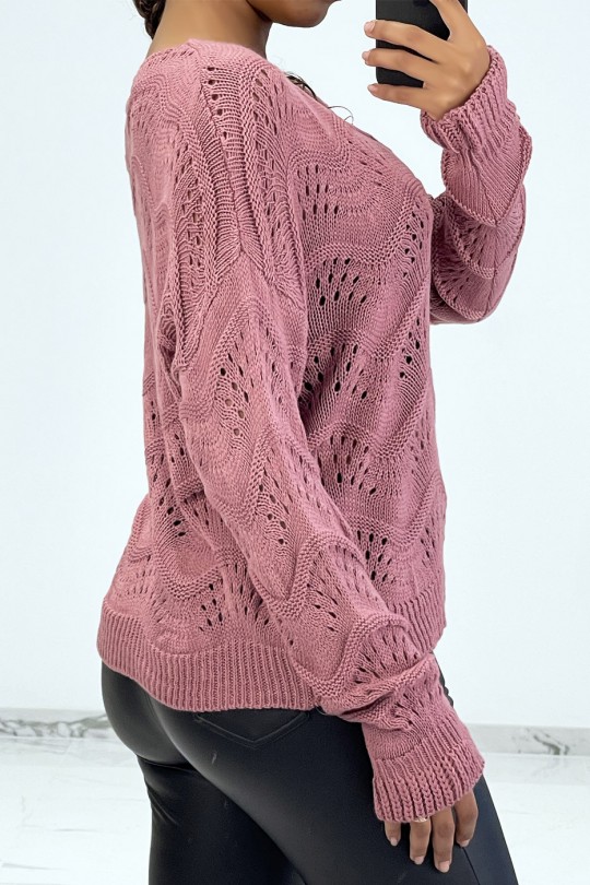 Fuchsia ribbed knit sweater with geometric patterns and oversized sleeves - 5