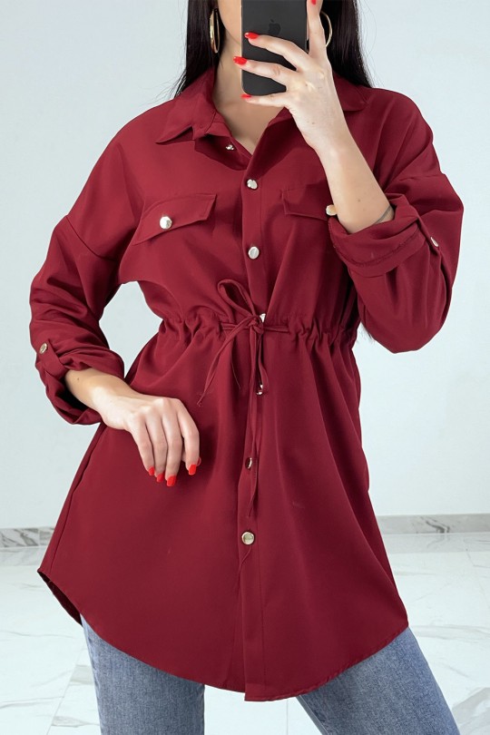 Solid burgundy shirt dress with safari-style pockets. - 1